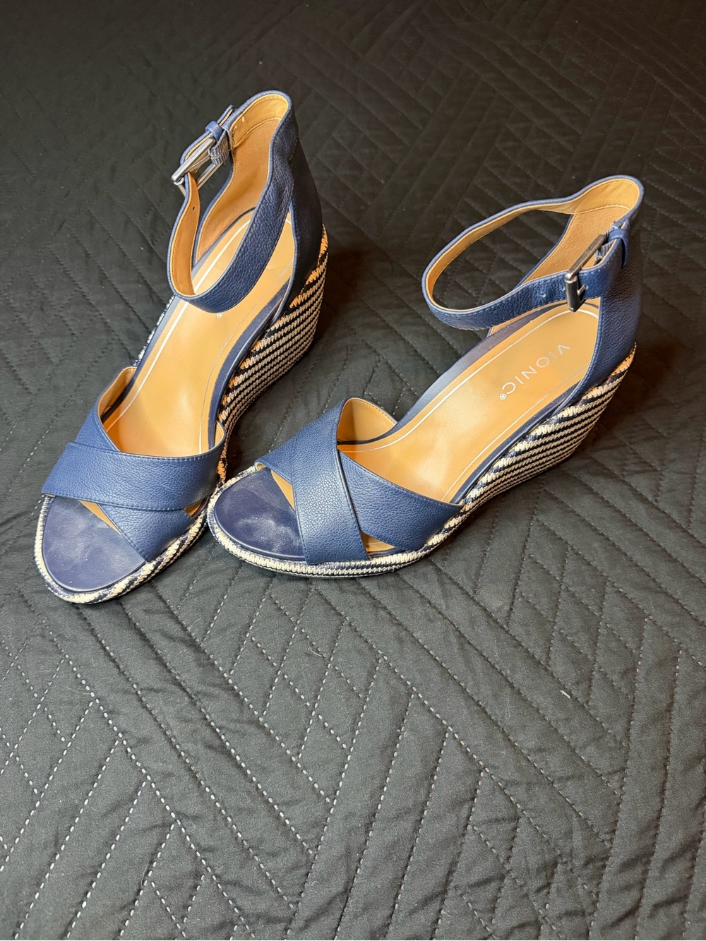 Vionic Navy Blue Espadrille Wedge Sandals with Ankle Strap